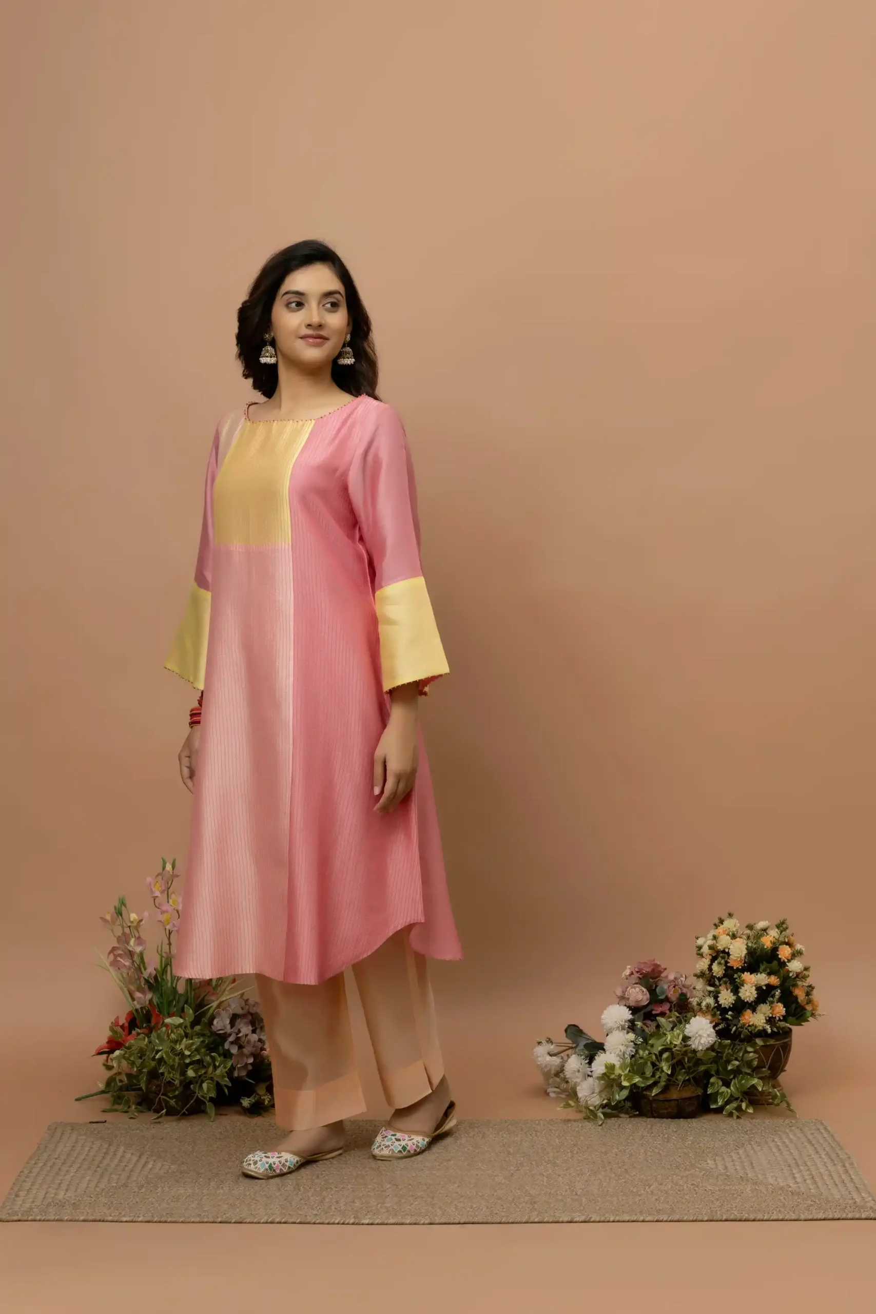 Handwoven peach orange chanderi kurta sets