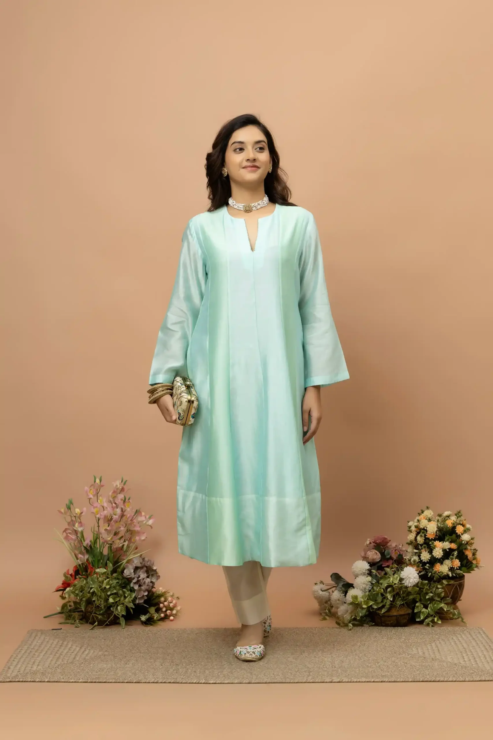 Handwoven aqua blue chanderi full sleeves kurta sets