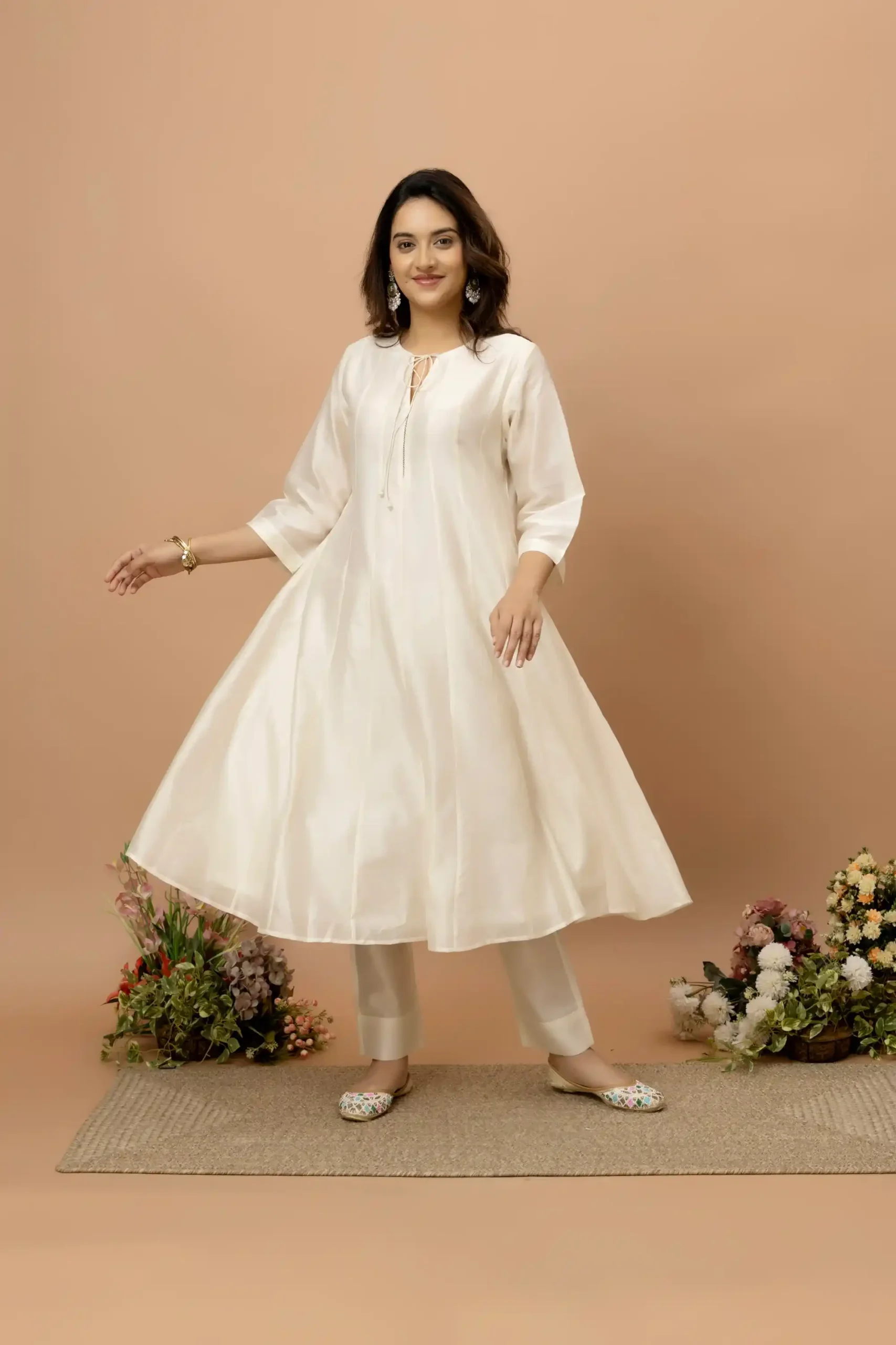 Handwoven off white cream chanderi anarkali kurta