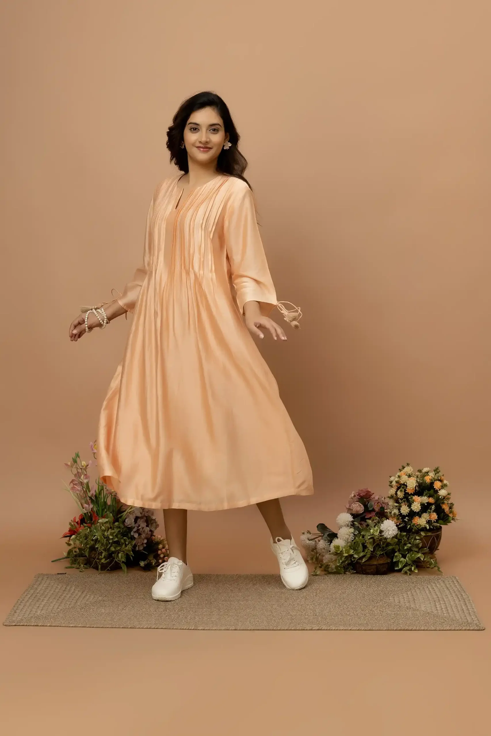 Chanderi Peach Orange Flared Midi Dress